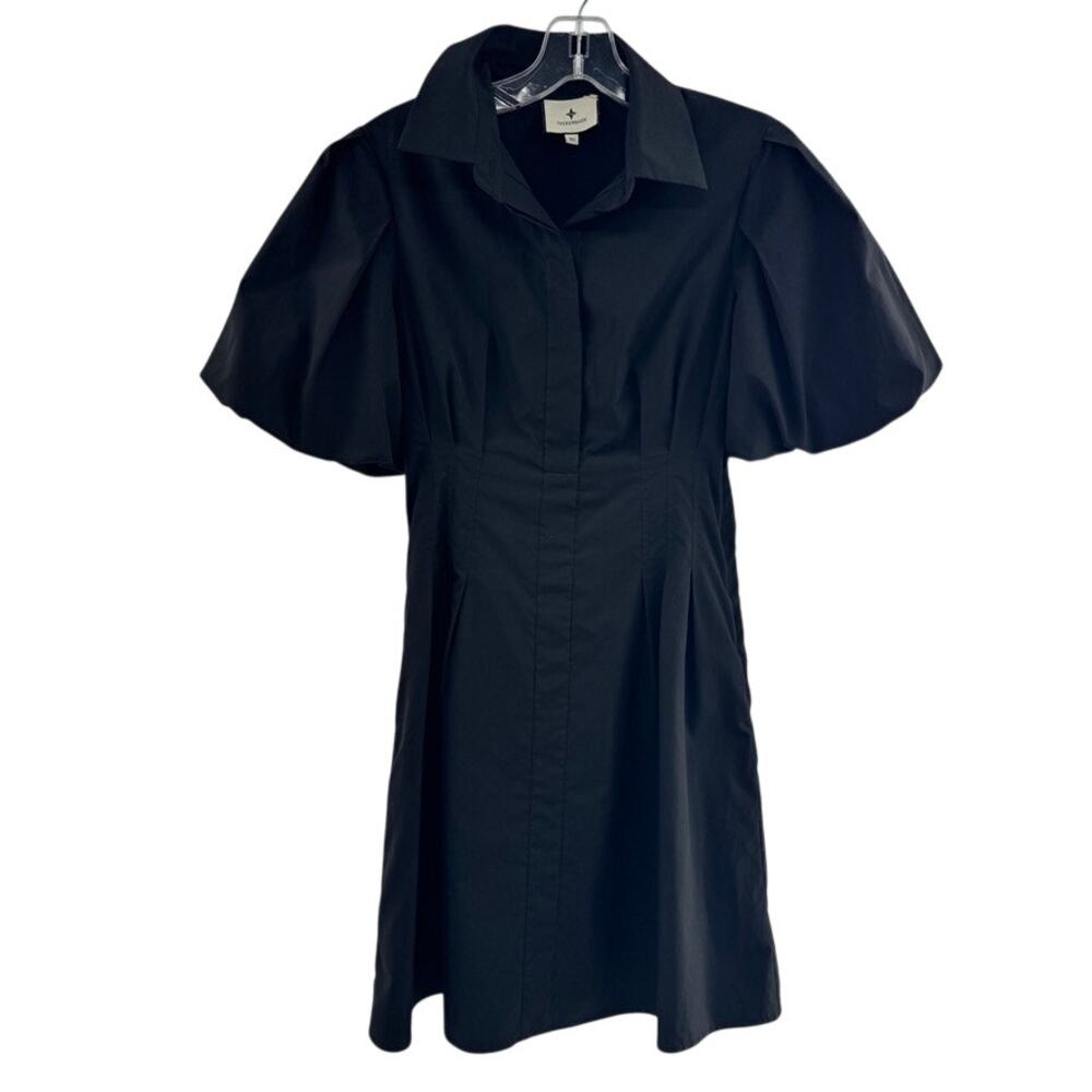 Tuckernuck Puff Sleeve Delaney A-Line Dress Sz XS Black Pockets Pleated
